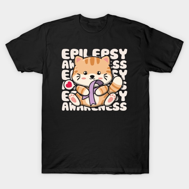 Cute Cat Holding Epilepsy Awareness Ribbon T-Shirt by Luna Illustration